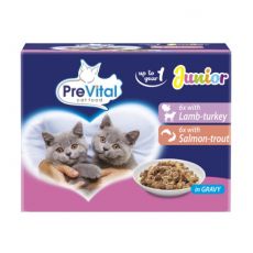 PreVital Cat Junior Kapsička jehněčí-krůtí/losos-pstruh v omáčce 12 x 100 g