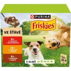 Friskies Adult kapsičky pro psy hověz&iacute;, kuře, jehněč&iacute; ve &scaron;ť&aacute;vě 24x85 g