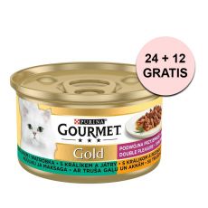 Konzerva Gourmet GOLD - grilované a dušené kousky masa s králíkem a játry 85 g, 24+12 ks ZDARMA