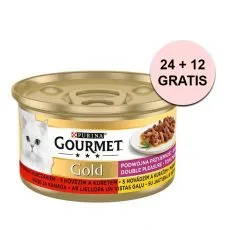 Konzerva Gourmet GOLD - grilovan&eacute; a du&scaron;en&eacute; kousky masa s hověz&iacute;m a kuřetem 85 g, 24+12 ks ZDARMA