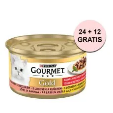 Konzerva Gourmet GOLD - kousky ve &scaron;ť&aacute;vě s lososem a kuřec&iacute;m 85 g, 24+12 ks ZDARMA