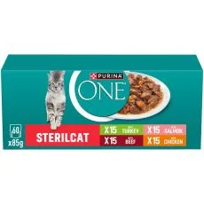 Purina ONE Sterilised kapsičky pro kočky hověz&iacute;, kuře, losos, krůta ve &scaron;ť&aacute;vě 60x85 g