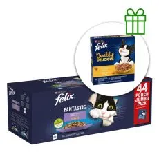 Felix Fantastic kapsičky pro kočky hověz&iacute;, kuře, losos, tuň&aacute;k v žel&eacute; 44x85g + granule ZDARMA
