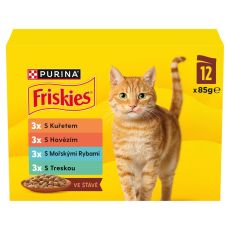 Friskies kapsičky pro kočky hověz&iacute;, kuře, mořsk&eacute; ryby, treska ve &scaron;ť&aacute;vě 12 x 85 g