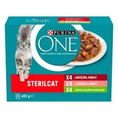 Purina ONE Sterilised kapsičky pro kočky hověz&iacute;, losos, krůta ve &scaron;ť&aacute;vě 12x85 g