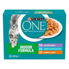 Purina ONE Indoor kapsičky pro kočky kuře, tuň&aacute;k, telec&iacute; ve &scaron;ť&aacute;vě 12x85 g