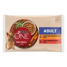 Purina ONE Mini Dog Adult kapsičky pro psy kuře, hověz&iacute; ve &scaron;ť&aacute;vě 4x85 g